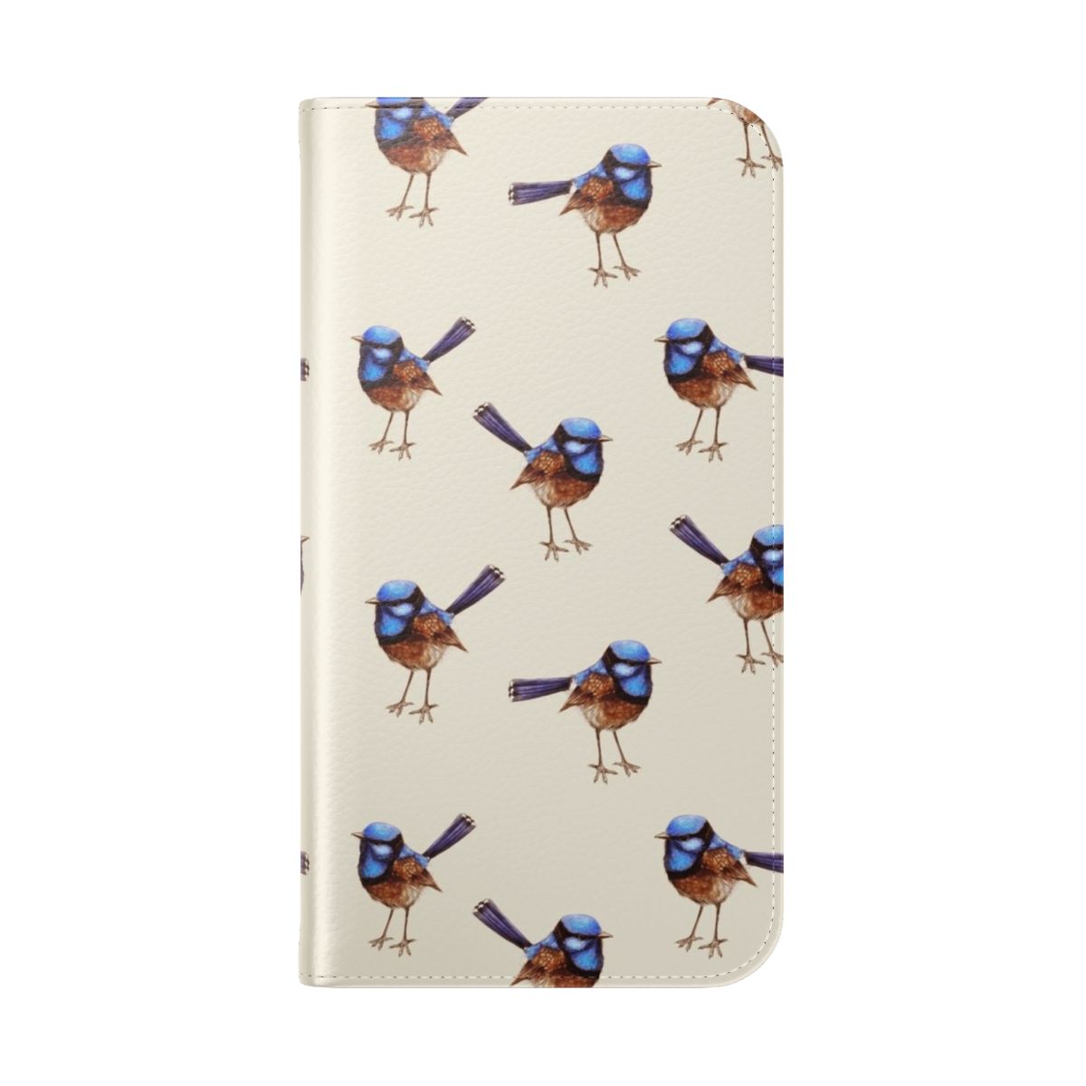 Watercolor illustration of a blue wren, a native Australian bird, on a crema-colored phone case - Folded Back