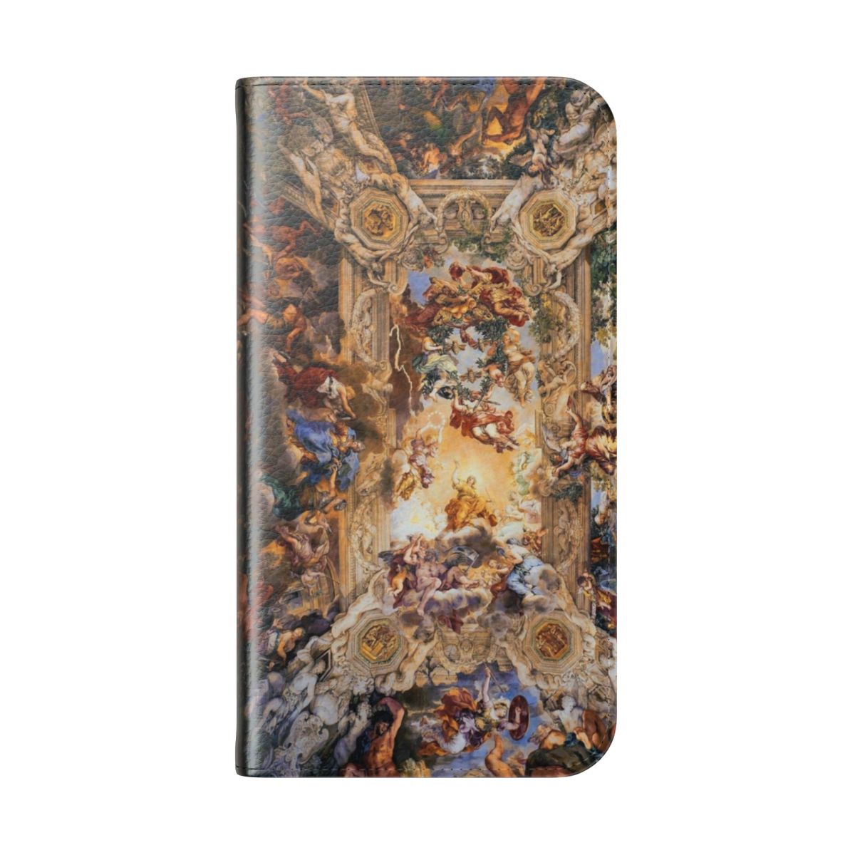 Flip cover phone case with a renaissance-style painting of gods, angels, and mythological figures - Folded Back