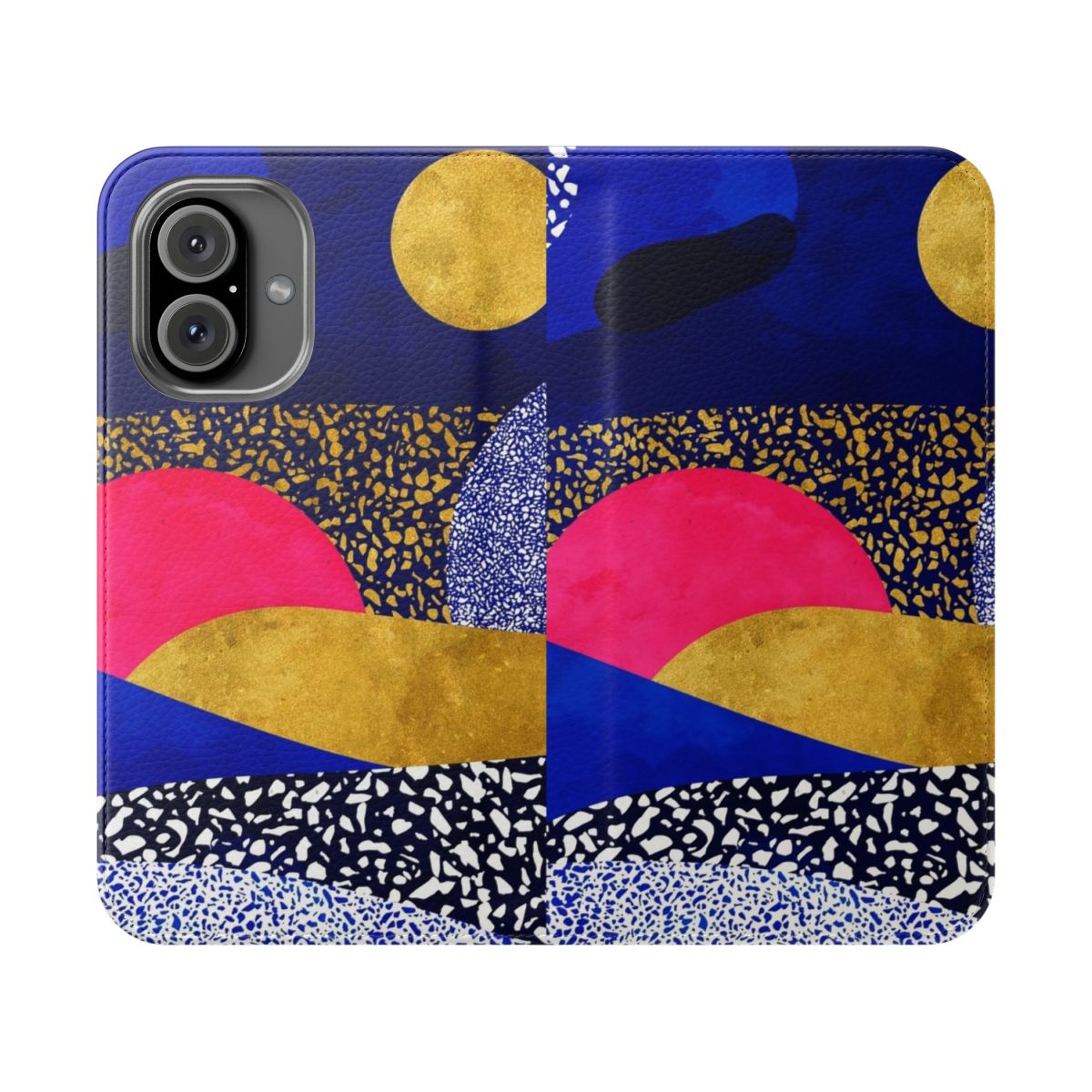 Terrazzo galaxy midnight blue, yellow, and rose gold flip cover phone case