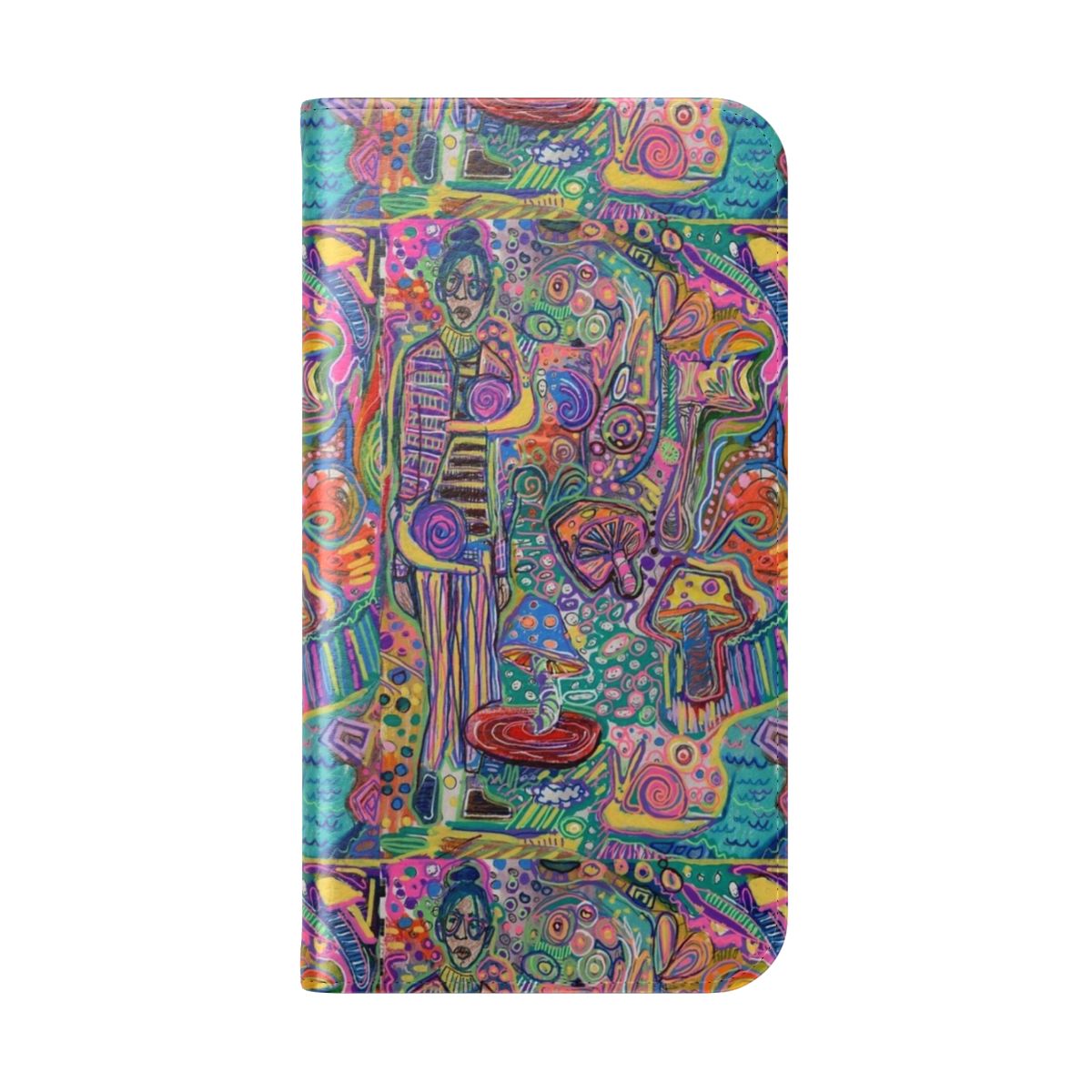 Colorful and vibrant trippy mushroom design on a flip phone case - Folded Back