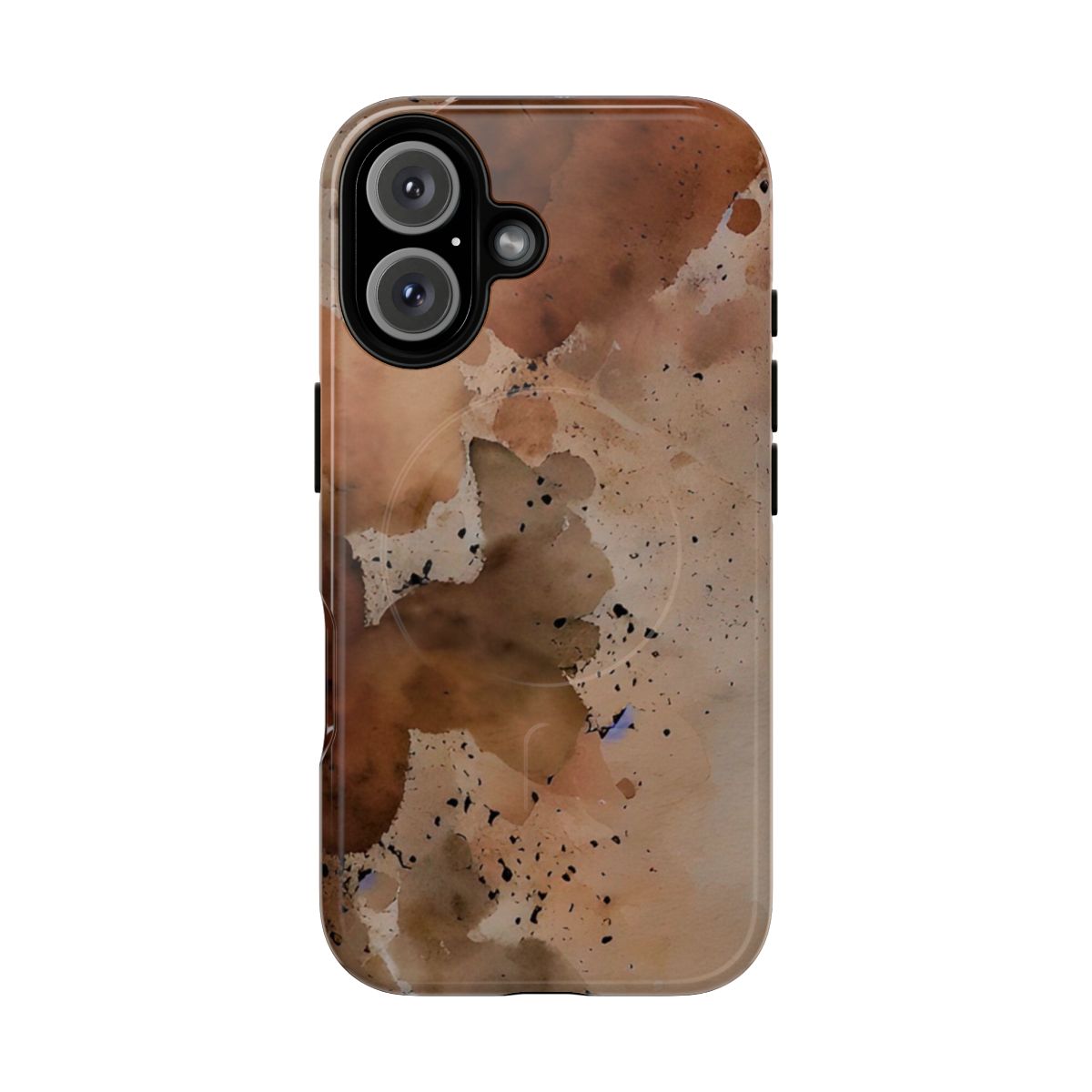 Colorful watercolor paint splatter design on a durable phone case in earth tone colors.