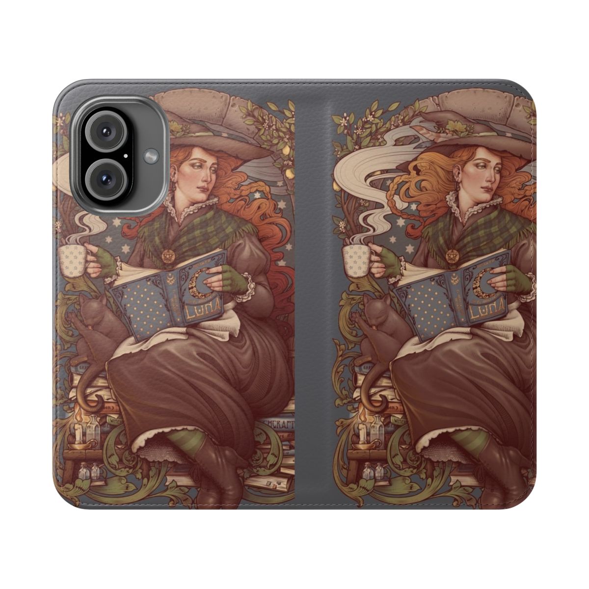 Artistic flip cover phone case with gothic and bohemian designs, featuring a black cat, lemon tree, and Gustavo Adolfo Becquer inspired artwork.