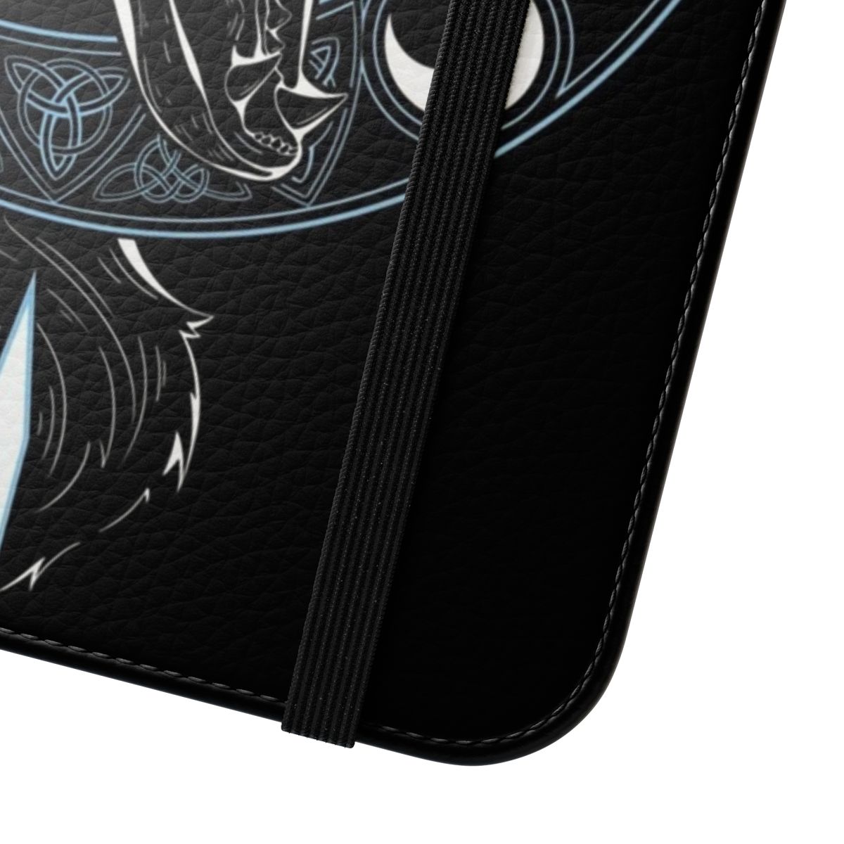 Flip phone case with Norse mythology-inspired graphic of wolves Hati and Sköll, stars, and northern lights - Close Up