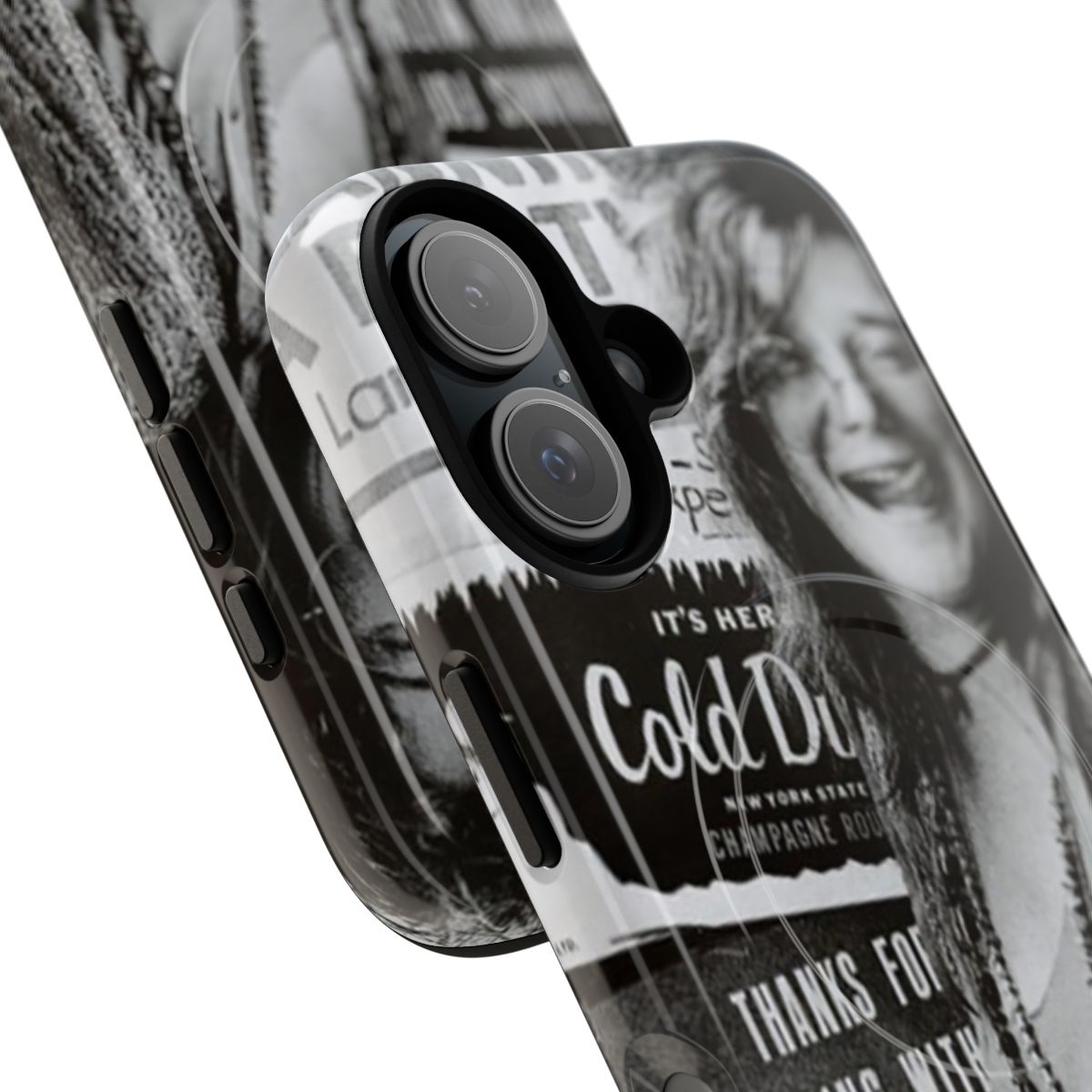 Retro-style phone case featuring a graphic design of music icon Janis Joplin - Detail