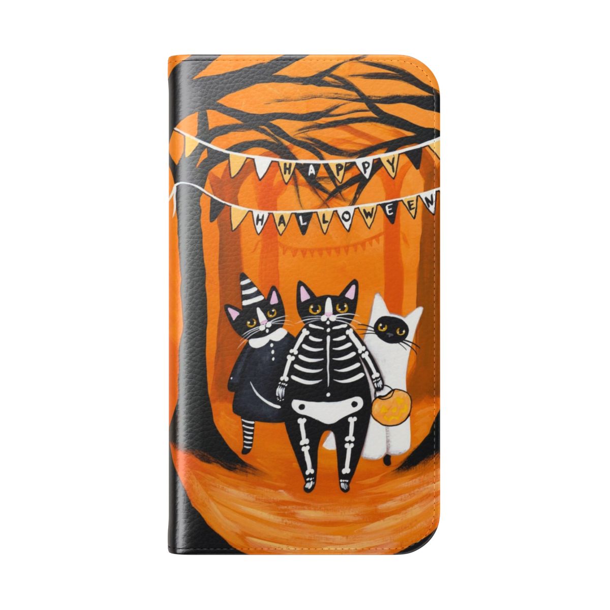 A flip phone case featuring a spooky cat design perfect for fall and Halloween. - Folded Back