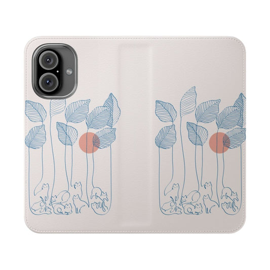 Minimalist phone case with a design featuring a cat and plant in a nature-inspired, botanical illustration style.