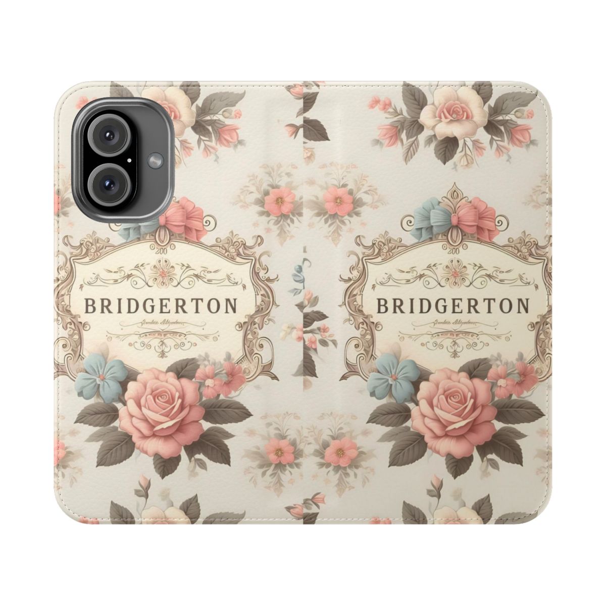 Pastel Bridgerton-inspired flip cover phone case featuring whimsical floral and satin bow design