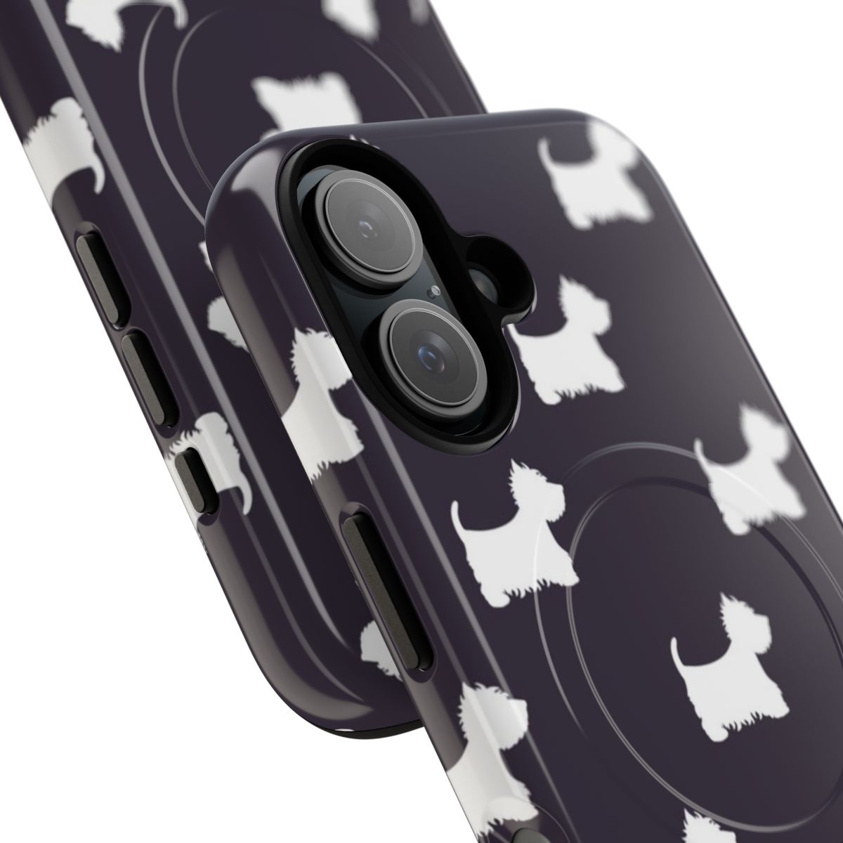 Stylish magnetic phone case featuring a cute and playful Westie (West Highland Terrier) pattern - Detail