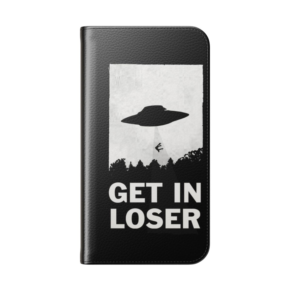 Flip cover phone case featuring a "Get in Loser" design with a flying saucer, aliens, and sci-fi elements. - Folded Back