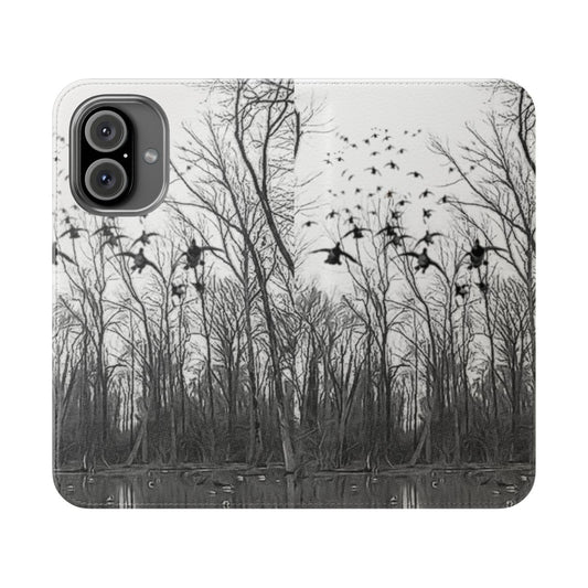 Flip cover phone case featuring a duck hunting in the flooded timber design