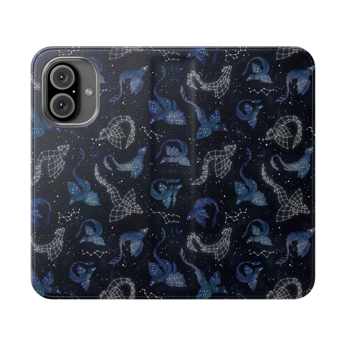 Watercolor illustration of a dragon surrounded by star constellations on a navy blue phone case