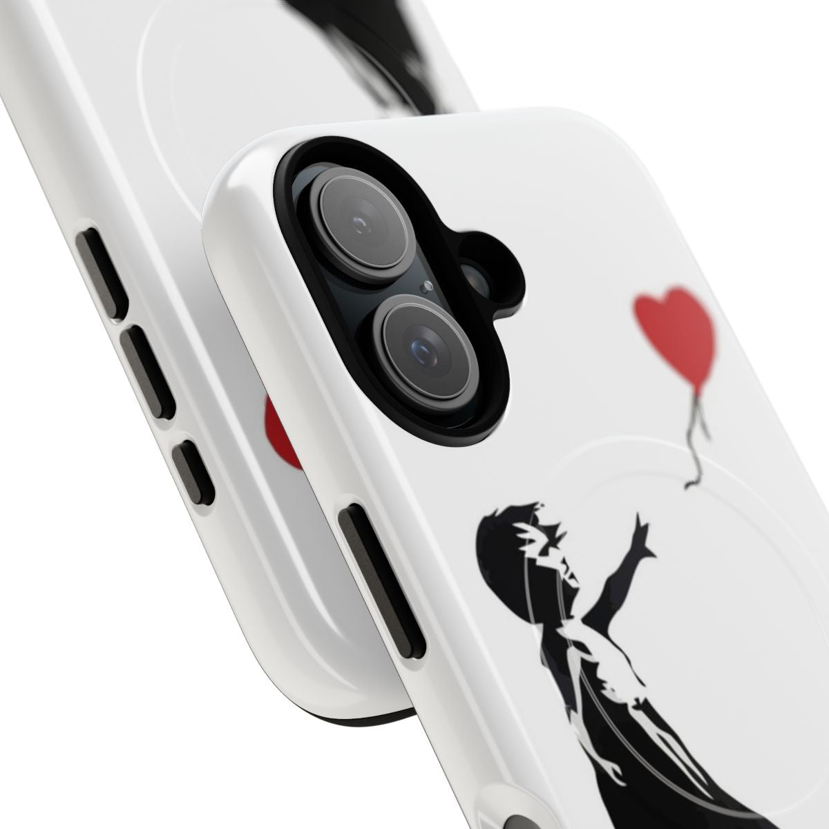 Banksy-style stencil art of a girl with a heart-shaped balloon on a phone case - Detail