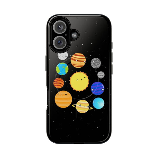 Colorful phone case featuring planets, stars, and other space elements