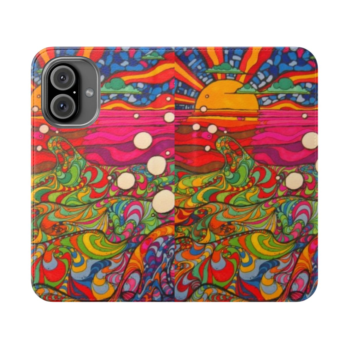 Colorful psychedelic trippy hippie-style phone case with abstract geometric patterns