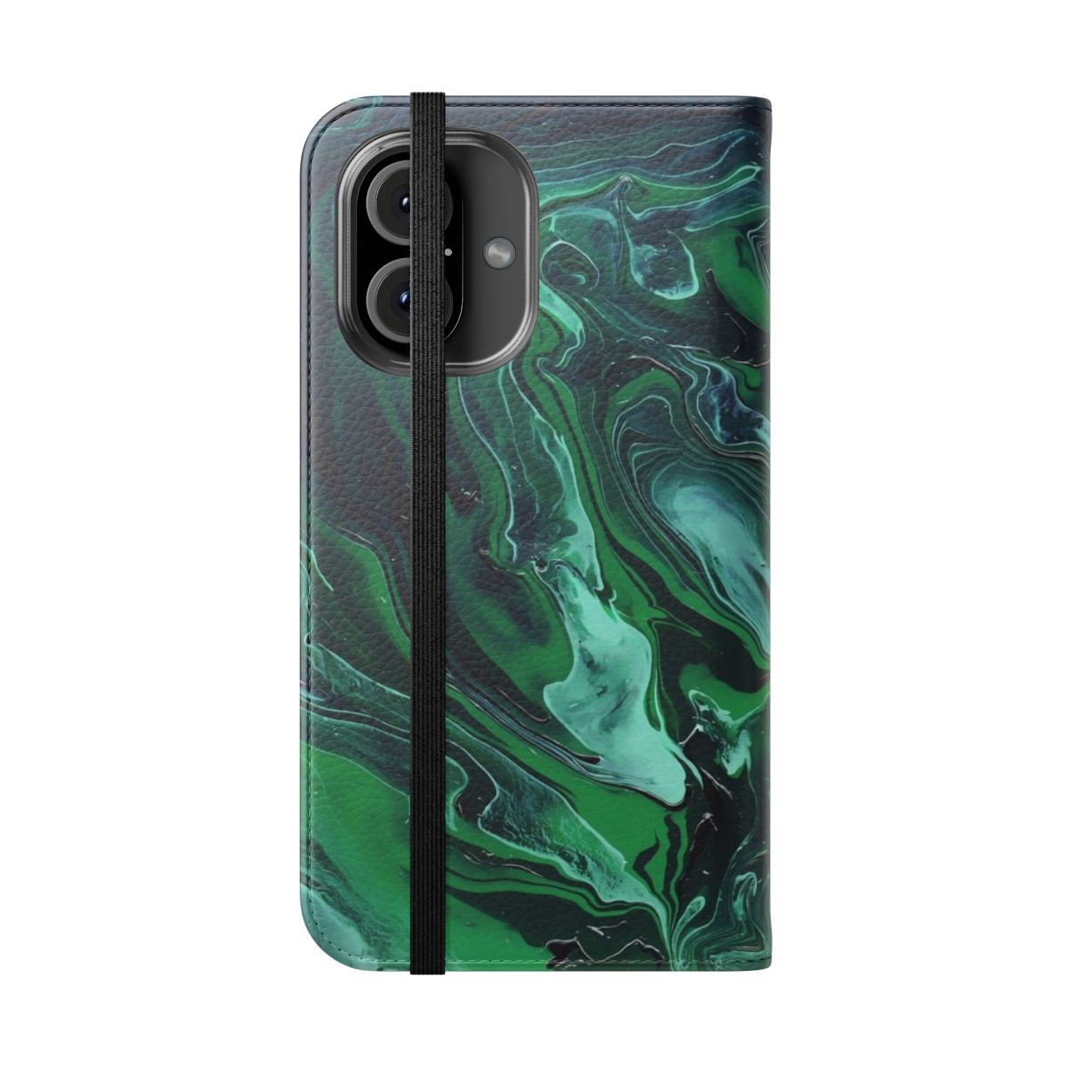 Nebula Flip Cover Phone Case with a swirl marble effect design in dark green and black colors - Folded Front