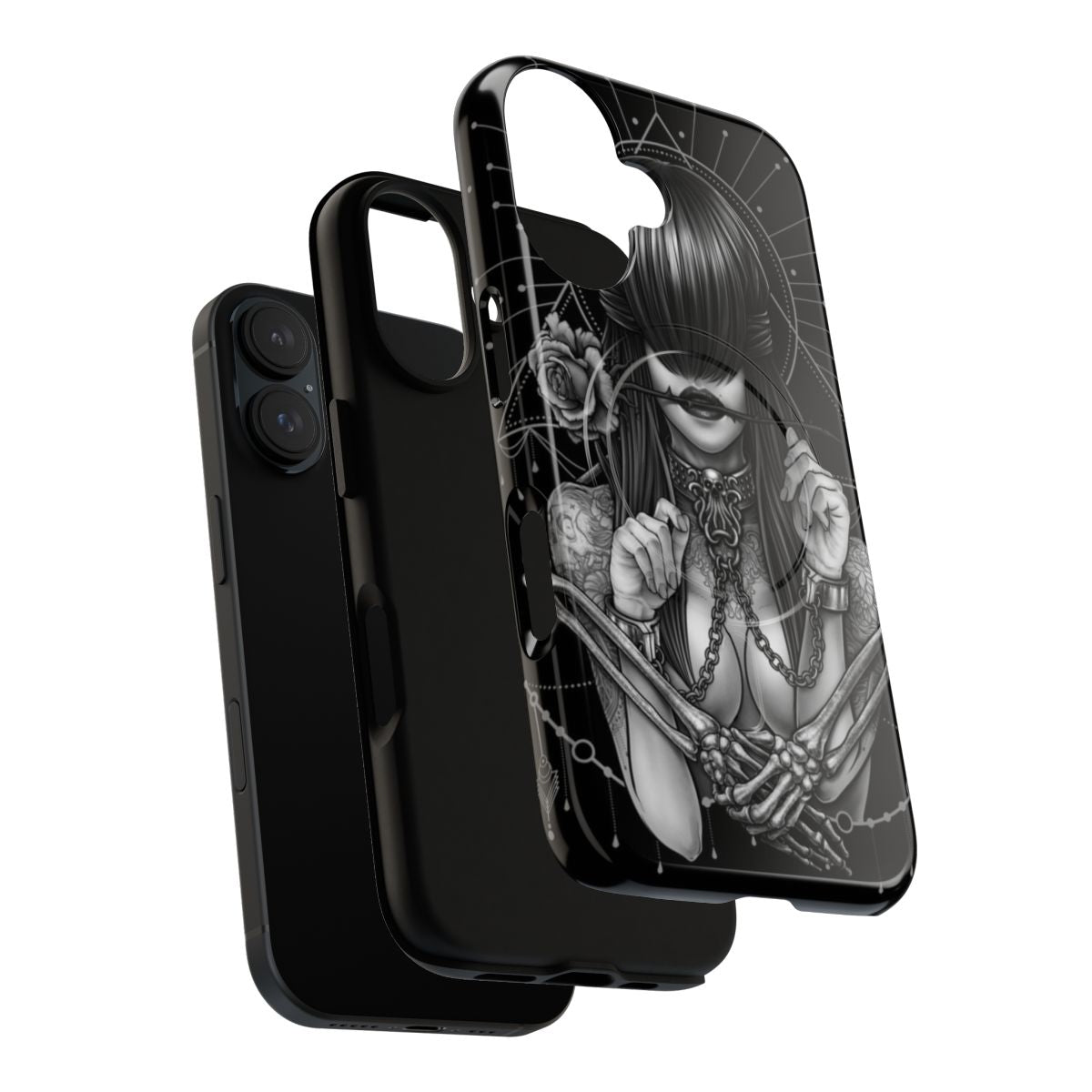 Magnetic tough phone case featuring a surreal "see no evil" design in black and white. - Layers