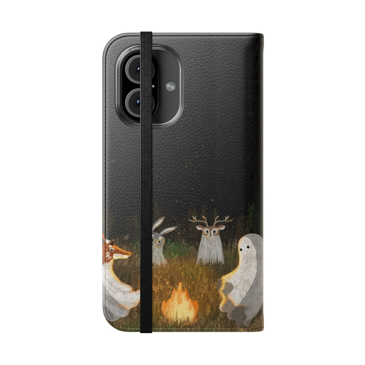 Flip cover phone case with a masquerade-inspired, spooky nature design - Folded Front