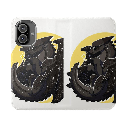 A dragon-themed flip cover phone case featuring intricate wing designs.