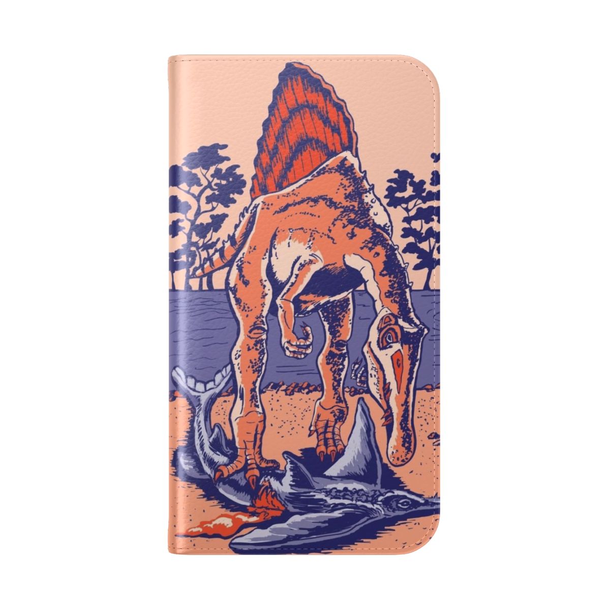 Illustration of a Spinosaurus, a prehistoric hunting dinosaur, on a phone case cover. - Folded Back