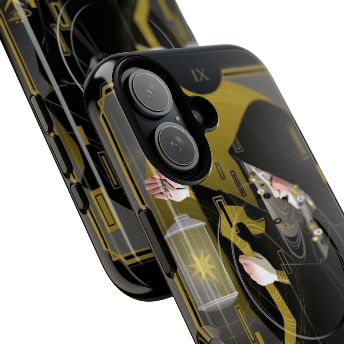 Artistic phone case featuring the Hermit tarot card in a gold and black art nouveau design. - Detail