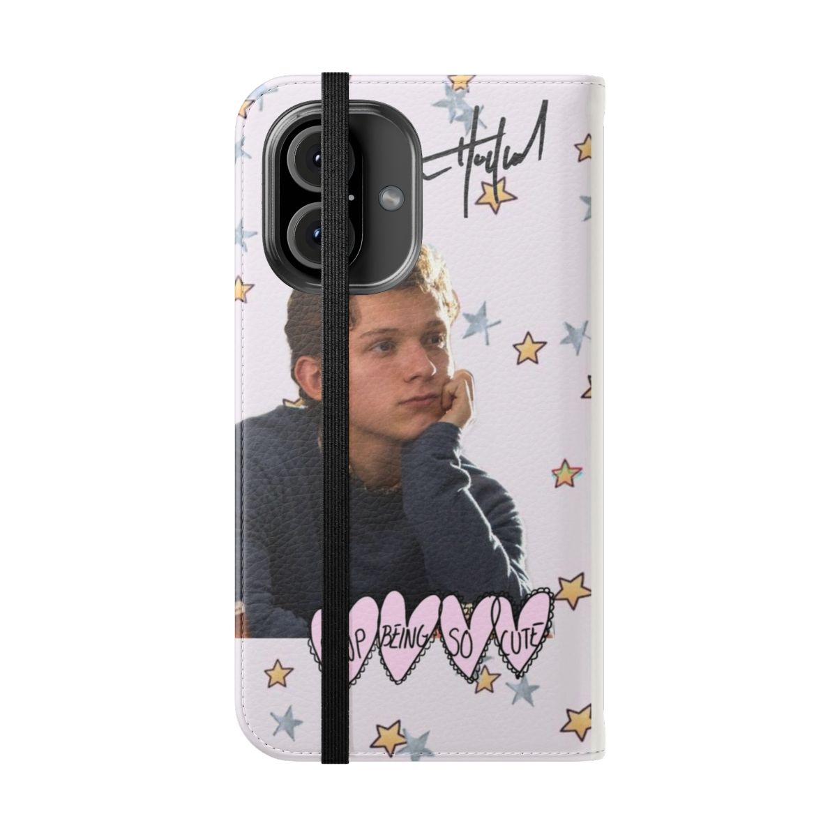 Sleek and stylish flip cover phone case featuring Tom Holland as Spiderman from the Marvel Cinematic Universe. - Folded Front