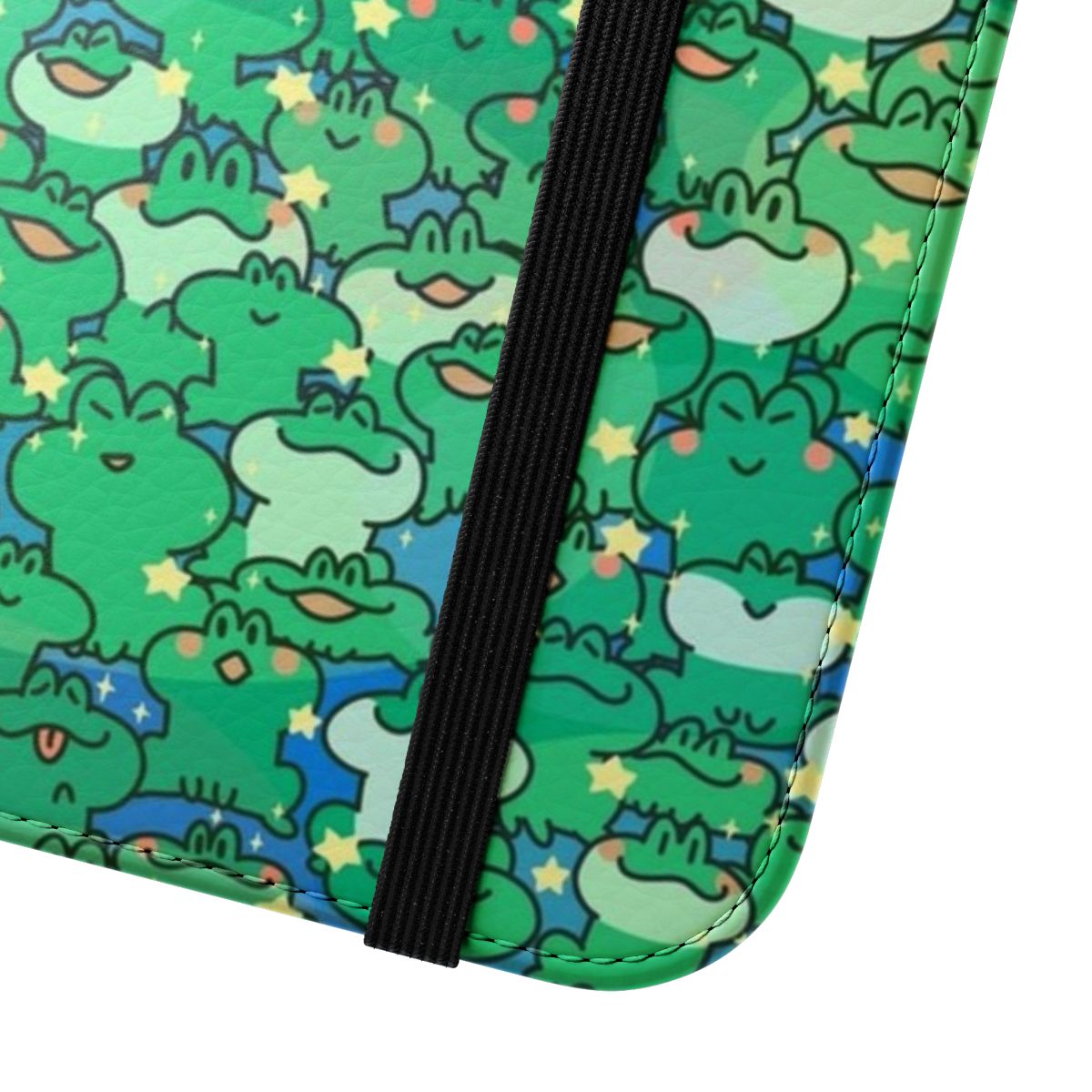 Colorful cartoon frog design on a protective phone case - Close Up