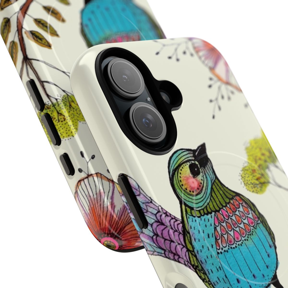 A colorful and vibrant watercolor phone case featuring a whimsical floral and musical note design. - Detail