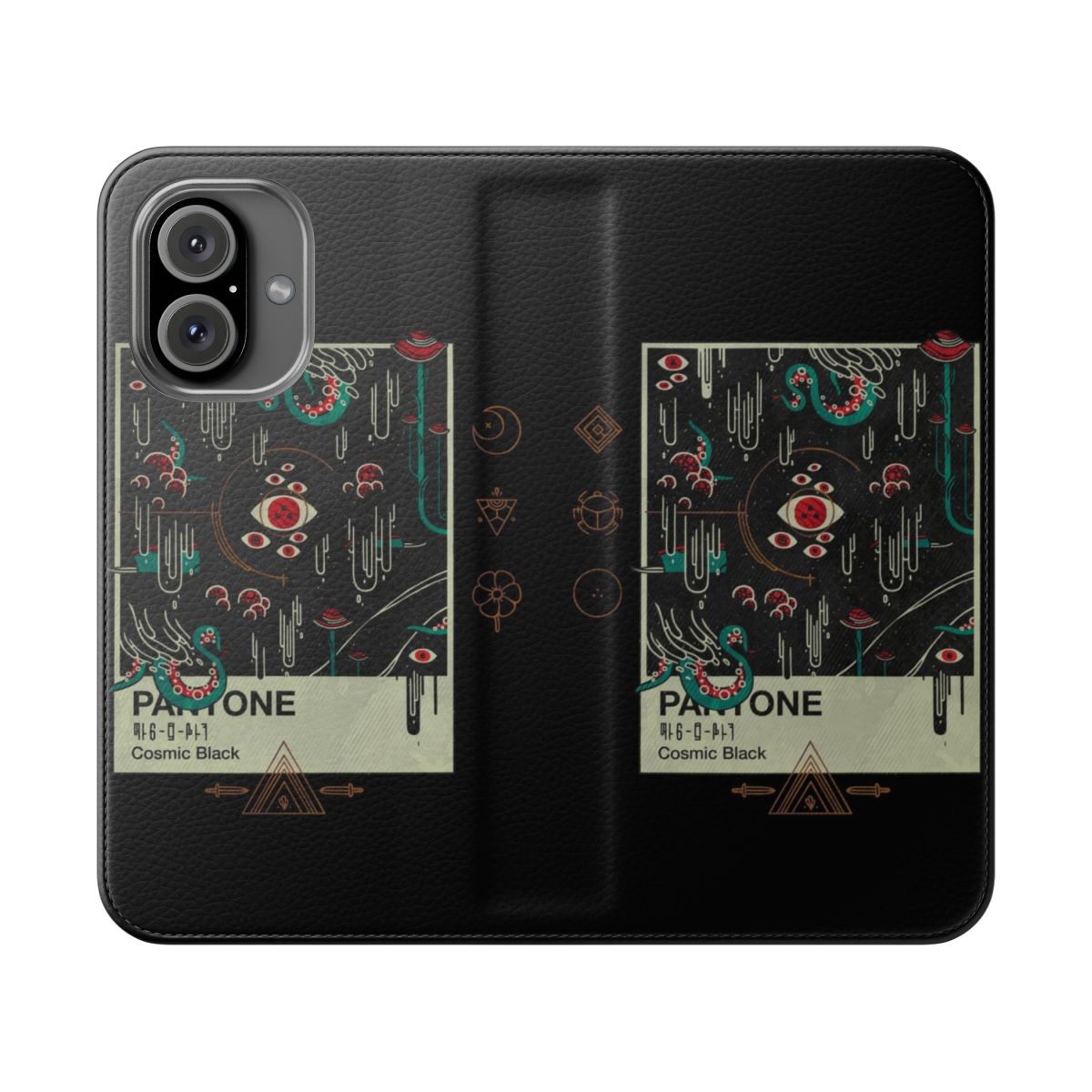 Black flip phone case with Lovecraft-inspired cosmic horror design featuring eyes, tentacles, and geometric patterns.