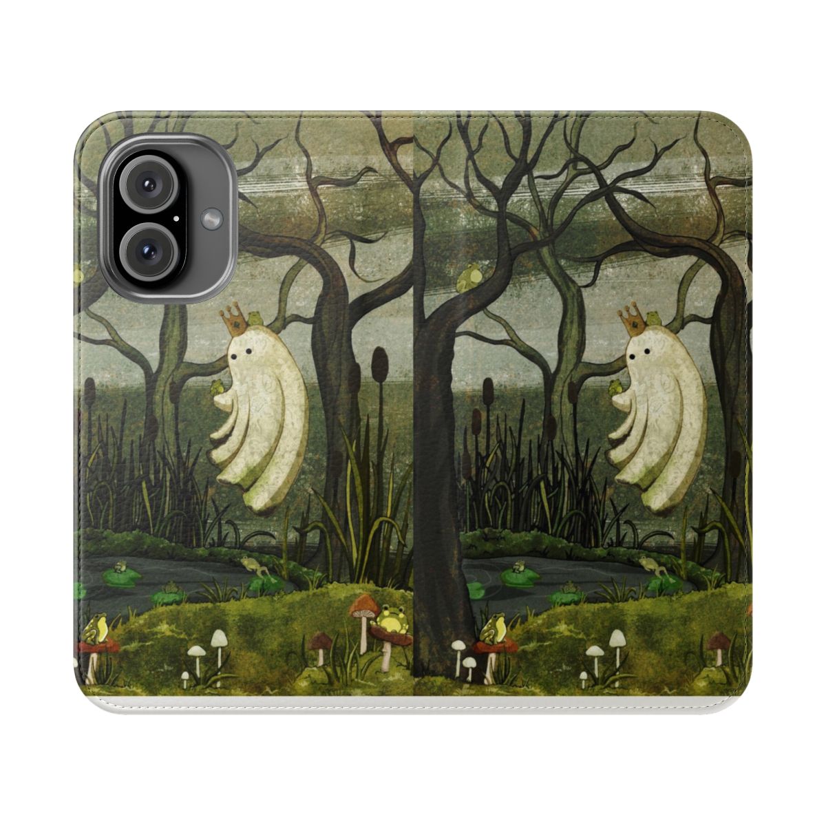 Illustration of a frog prince on a phone case with a swampy, moss-covered landscape