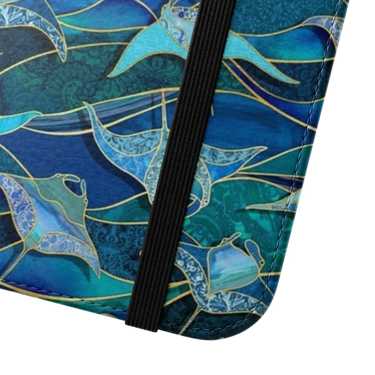 Patchwork design featuring blue manta rays on a flip cover phone case. - Close Up