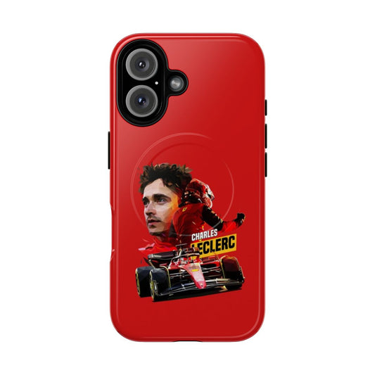 Phone case featuring a low poly design inspired by Formula 1 driver Charles Leclerc and his racing car.