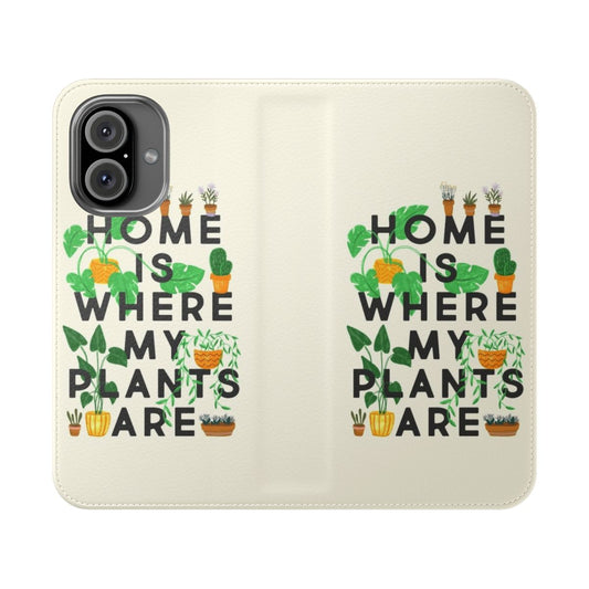 Flip phone case with a "Home Is Where My Plants Are" design, featuring various potted plants and greenery.