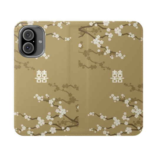 Ivory white phone case with oriental cherry blossoms and Chinese double happiness symbol