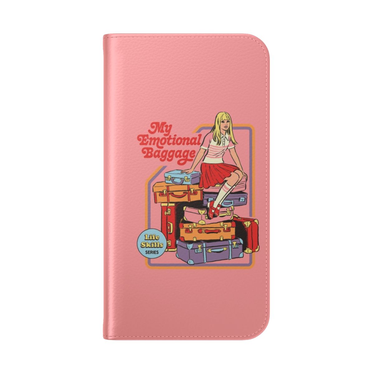 Vintage-inspired flip cover phone case with a humorous "emotional baggage" design - Folded Back