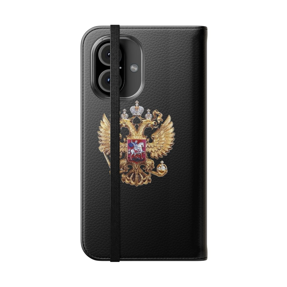 Flip cover phone case featuring a detailed illustration of the Russian coat of arms - Folded Front