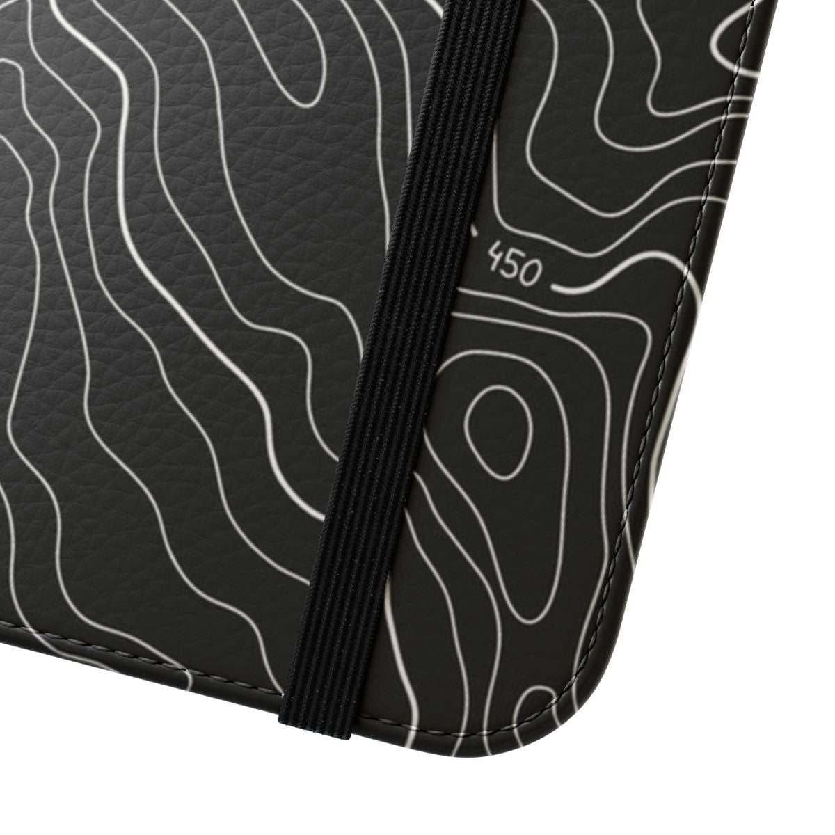 Topography-inspired flip cover phone case with minimalist, black and white design - Close Up