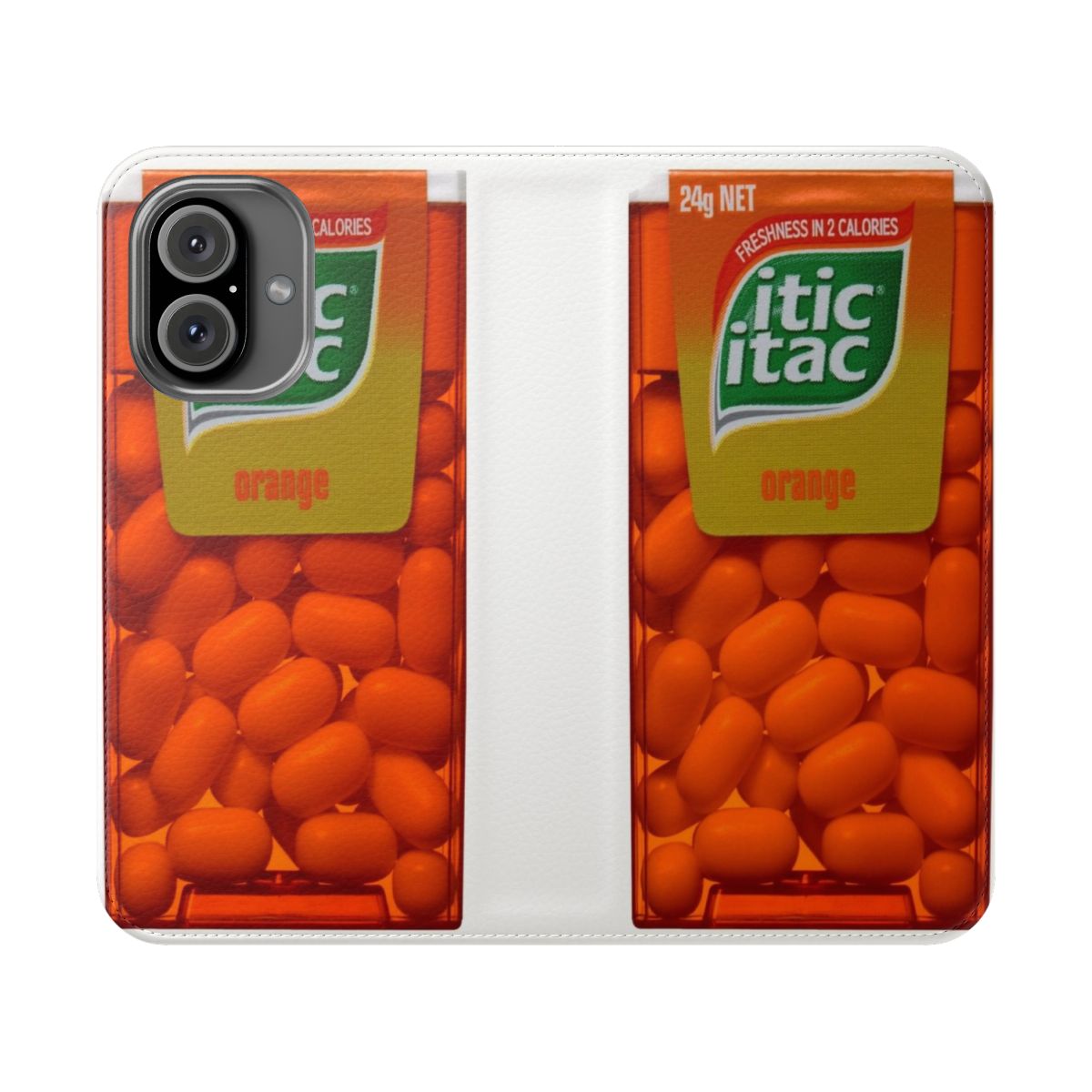 Vibrant orange phone case with a tic tac inspired design