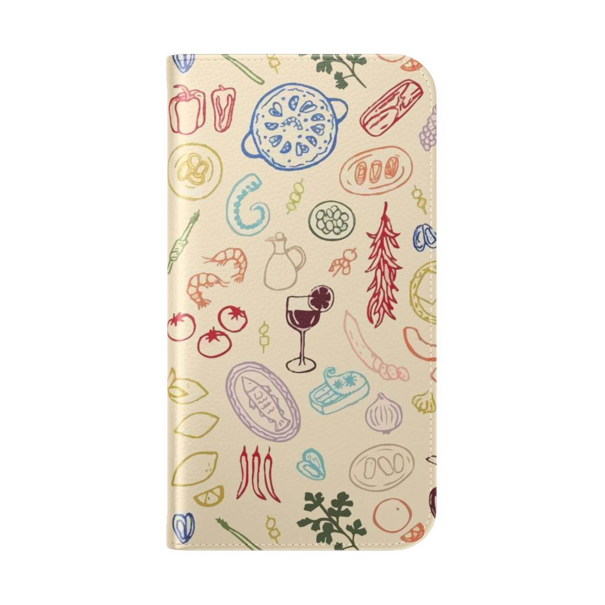 Colorful flip cover phone case with Amalfi coast-inspired Spanish pattern and fruit motif - Folded Back