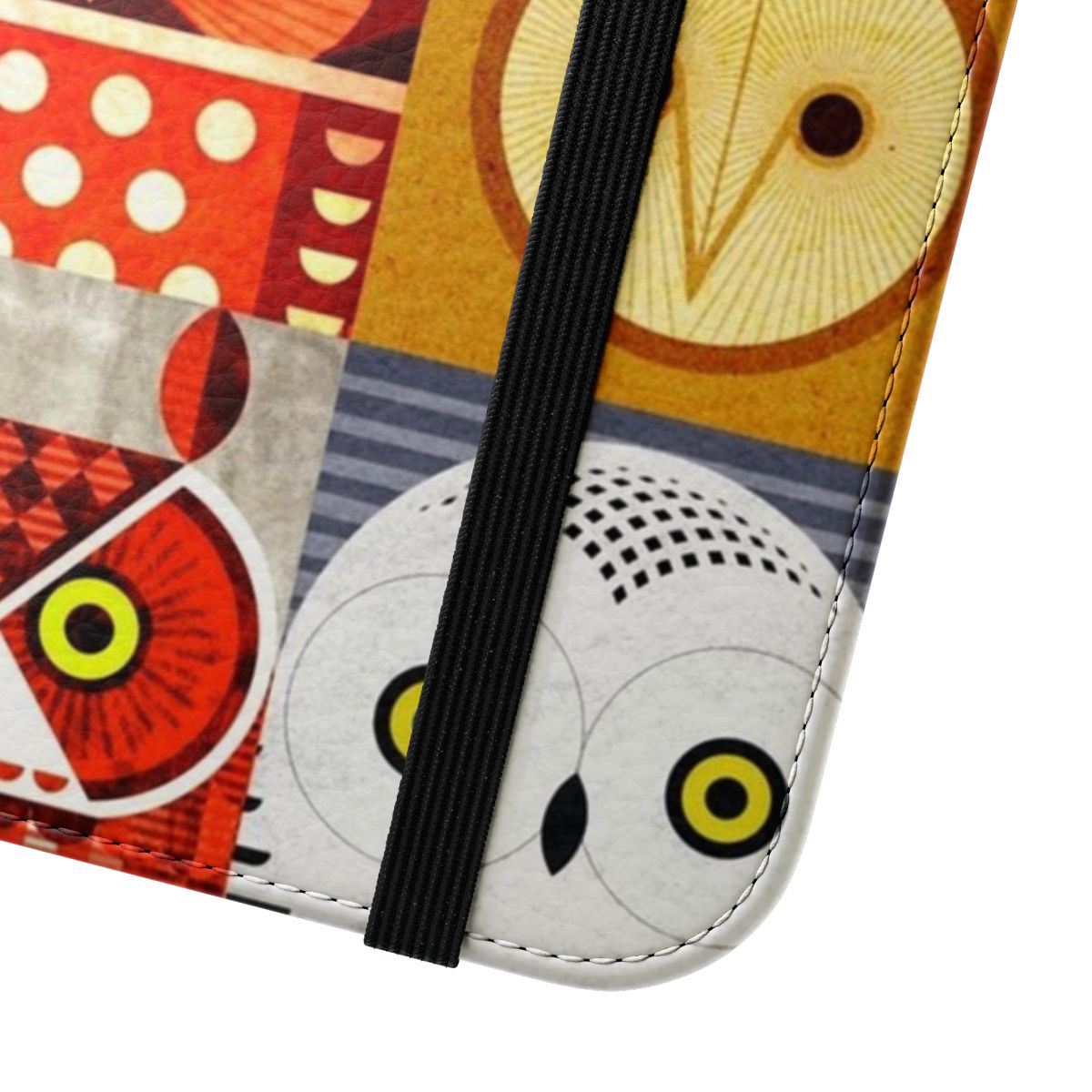 Image of a phone case featuring a digital illustration of North American owls. - Close Up