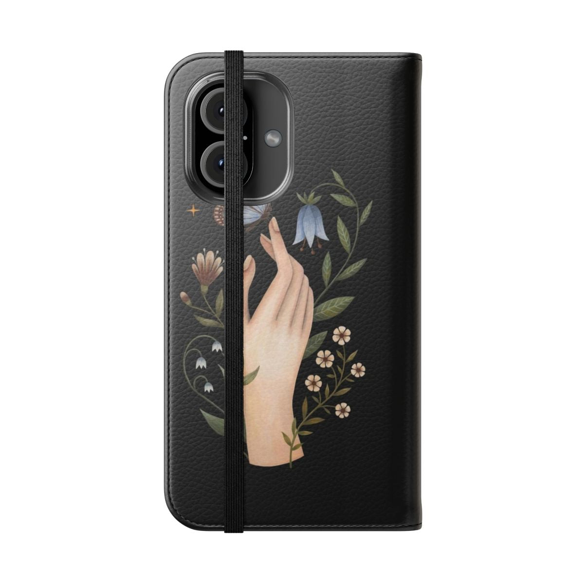 Hand painted phone case with floral and butterfly design in nature-inspired colors - Folded Front