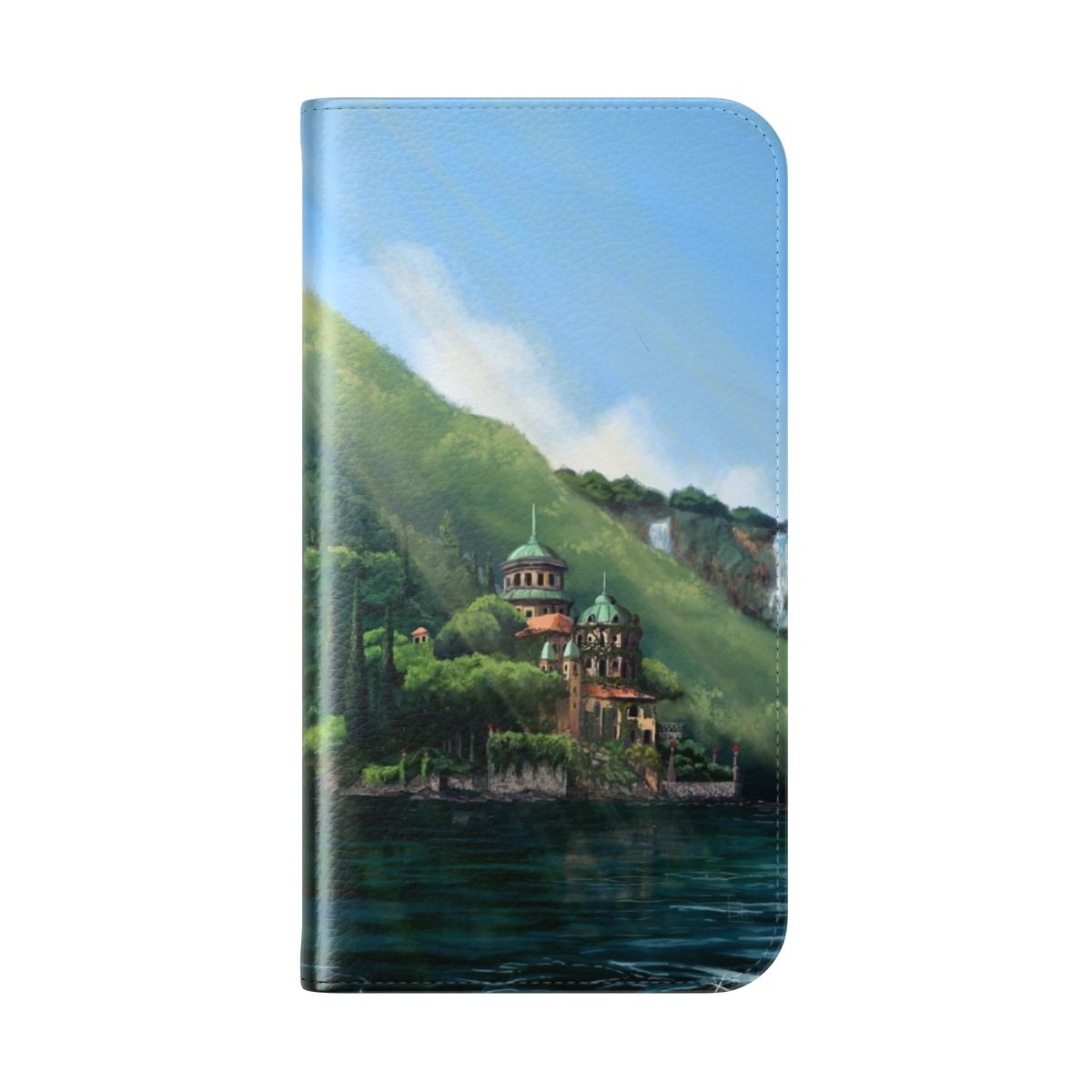 Phone case with image of waterfalls, lake, and villa inspired by Star Wars setting - Folded Back