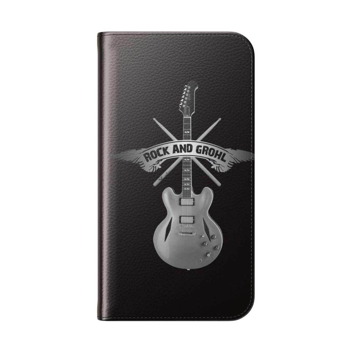 Flip cover phone case with an original design featuring drums and a guitar, perfect for rock music fans. - Folded Back