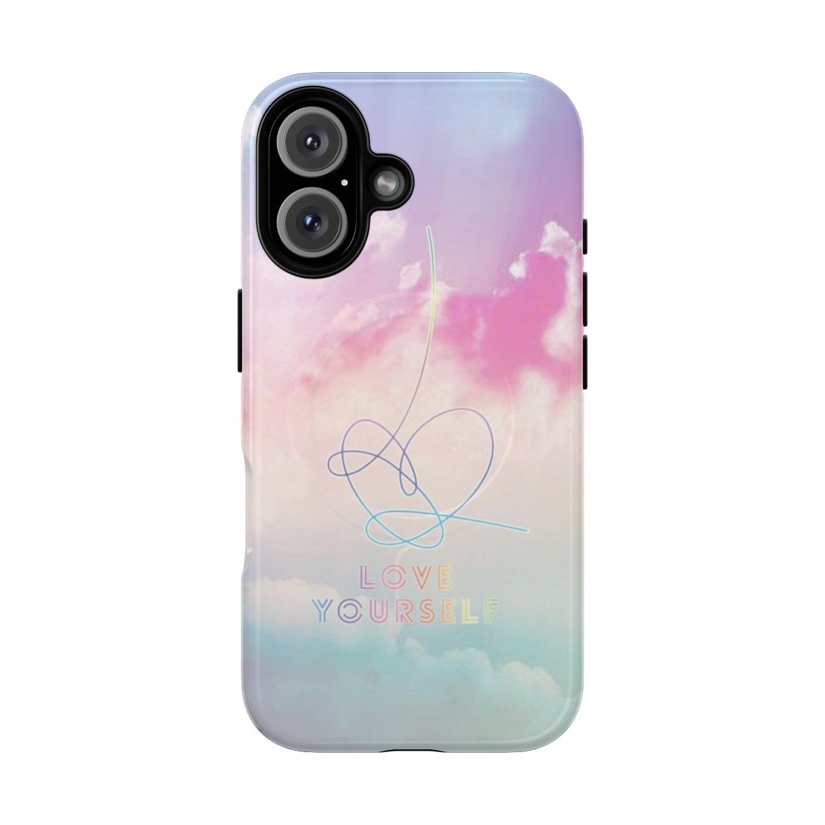 A pastel-colored phone case featuring clouds and the BTS logo, offering magnetic and durable protection for your device.