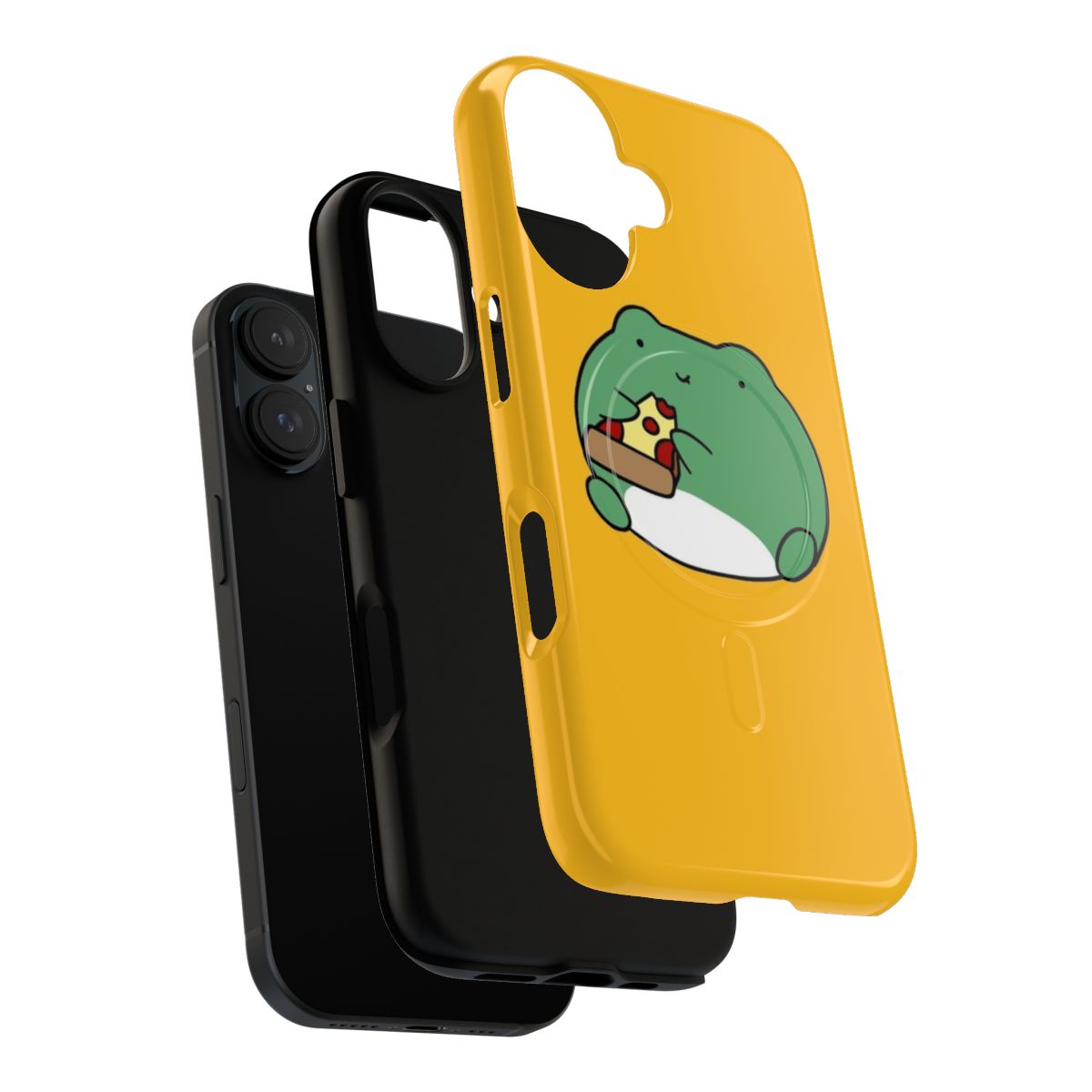 Illustration of a cute, chubby frog eating a slice of pepperoni pizza on a protective phone case - Layers