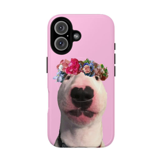 Magnetic phone case featuring a bull terrier dog wearing a flower crown in pink and purple