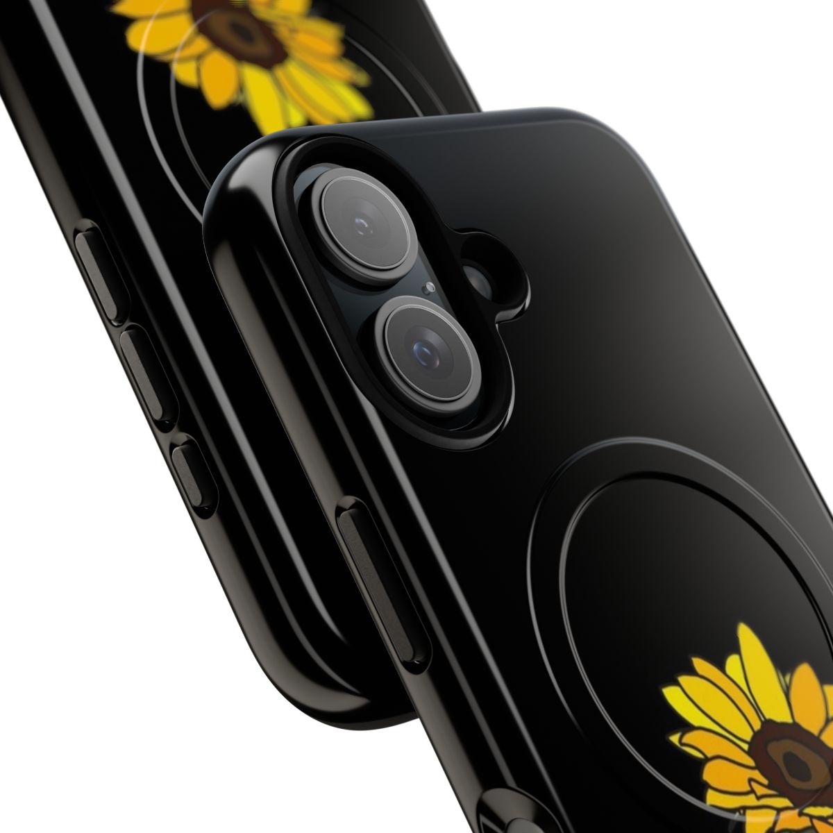 Sunflower phone case with a black magnetic tough design - Detail