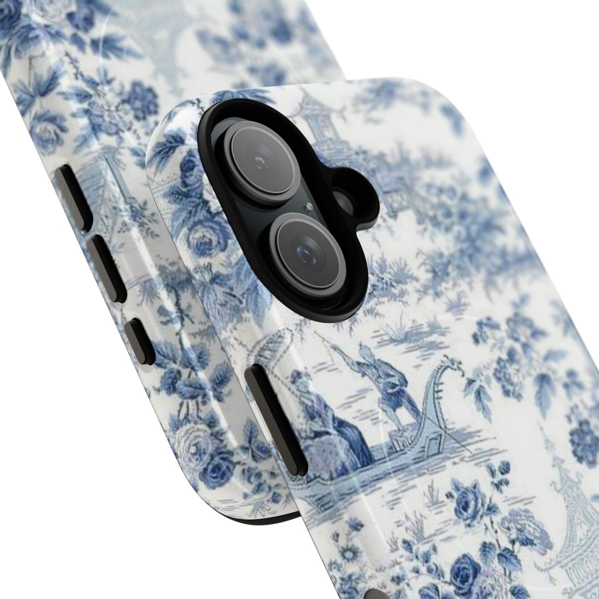 Powder blue chinoiserie toile patterned phone cases with magnetic closure and tough protection. - Detail