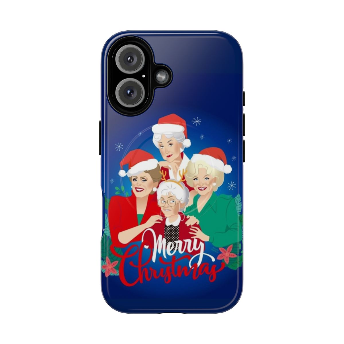 Magnetic, tough phone cases featuring Christmas-themed designs and artwork of the Golden Girls characters