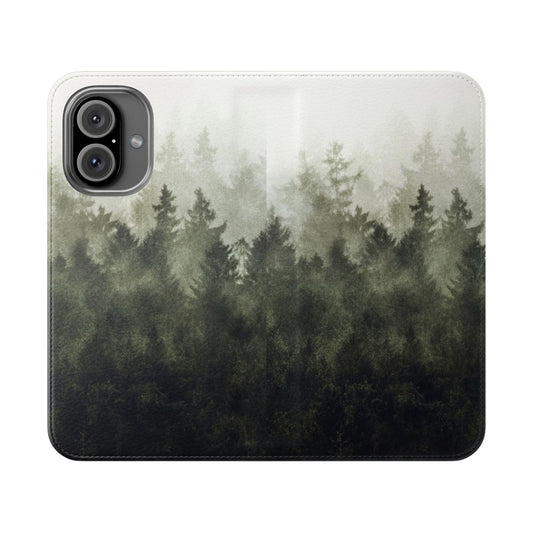 A flip cover phone case featuring a moody, misty forest landscape with trees and cascading fog.