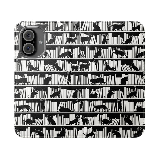 Bookish phone case with a pattern design featuring books and cats